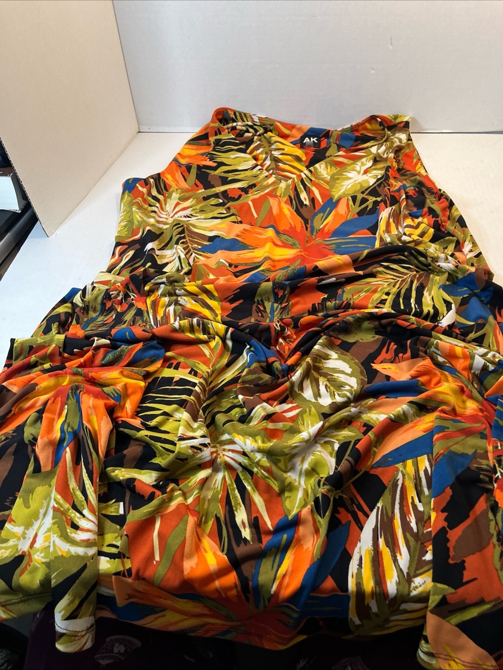 Anne Klein Orange Tropical Leaf dress with Blue & Green Accents